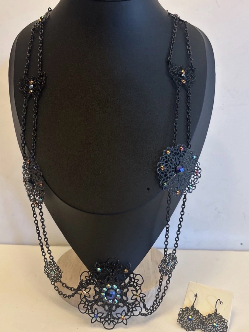 You & I Vintage Black Filigree 38”‎ Necklace Earring Set Aurora Borealis Crystal